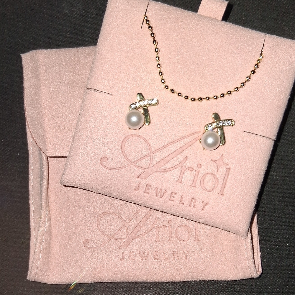 Gold and Pearl Stud Earrings & Necklace Jewelry Set